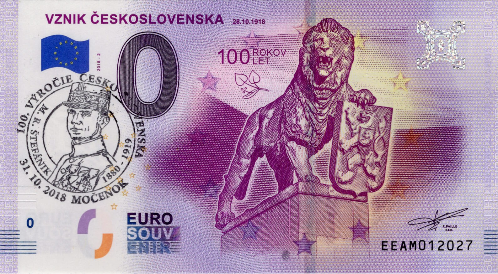 0 € vznik Československa - přední strana