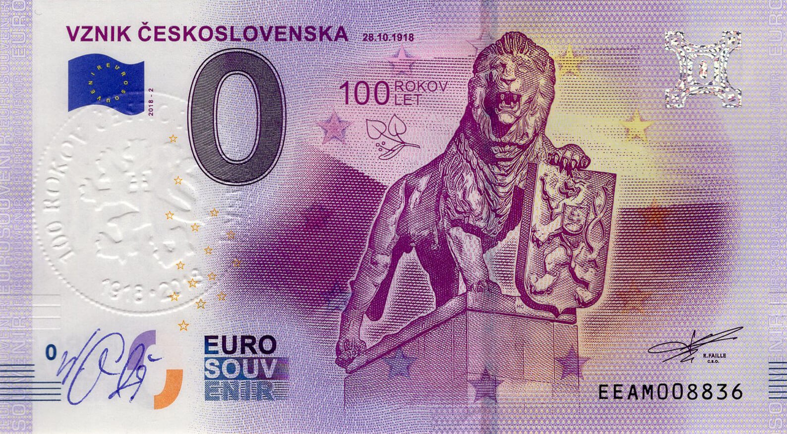 0 € vznik Československa - přední strana