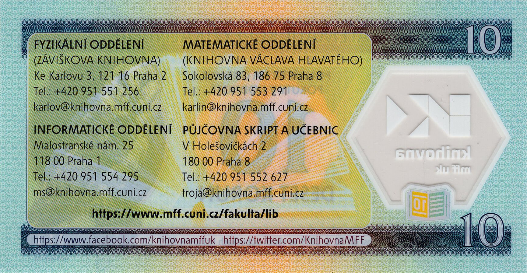 10 korun knihovna MFF UK 2018 - zadní strana