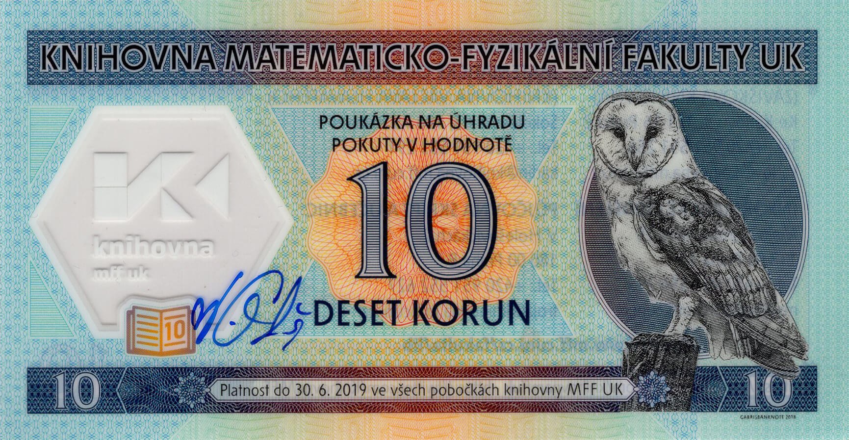 10 korun knihovna MFF UK 2018 - přední strana