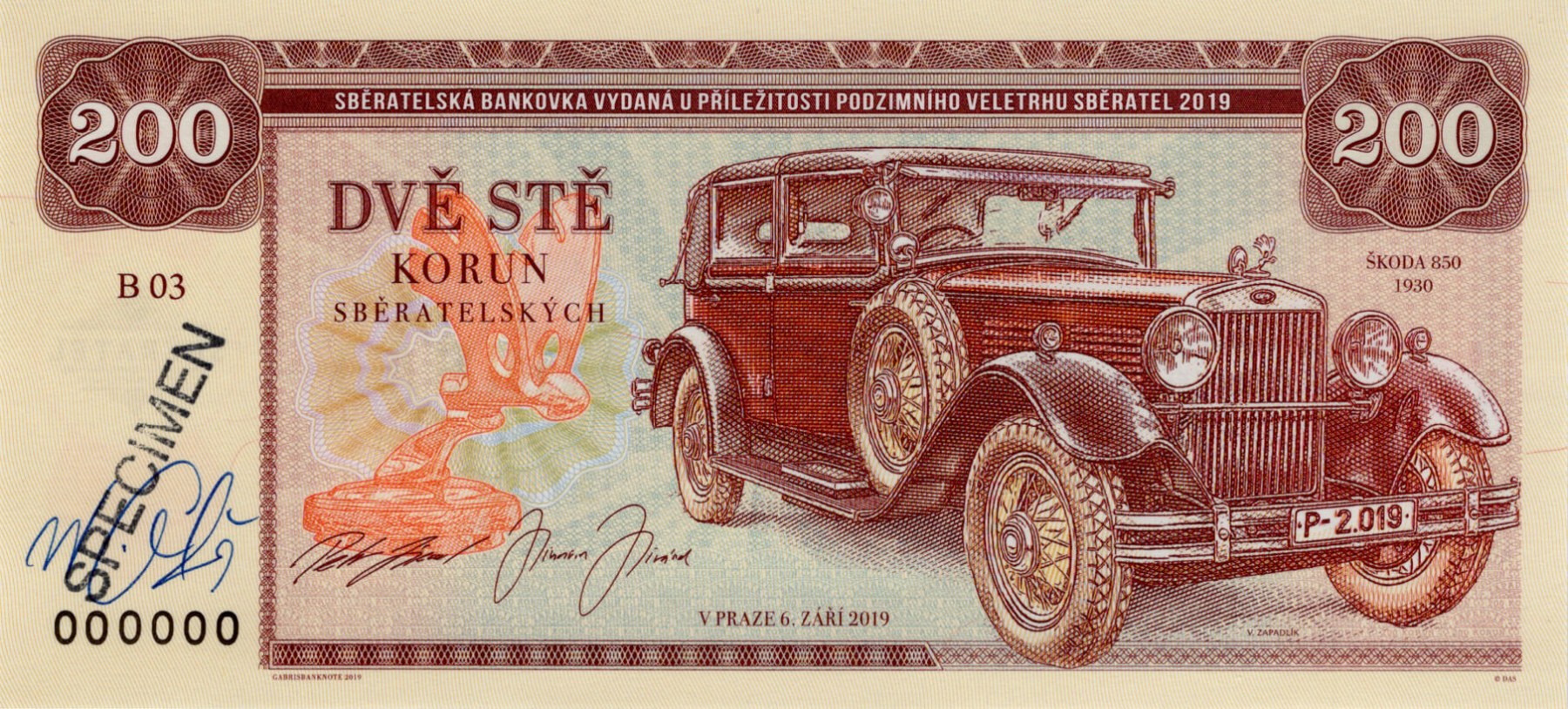 200 korun Zapadlík Škoda 850 - přední strana