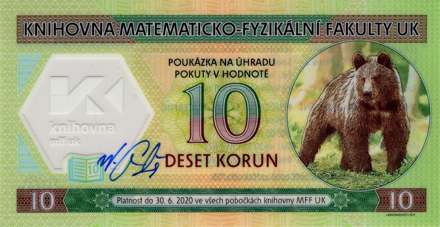 10 korun knihovna MFF UK 2019 - přední strana
