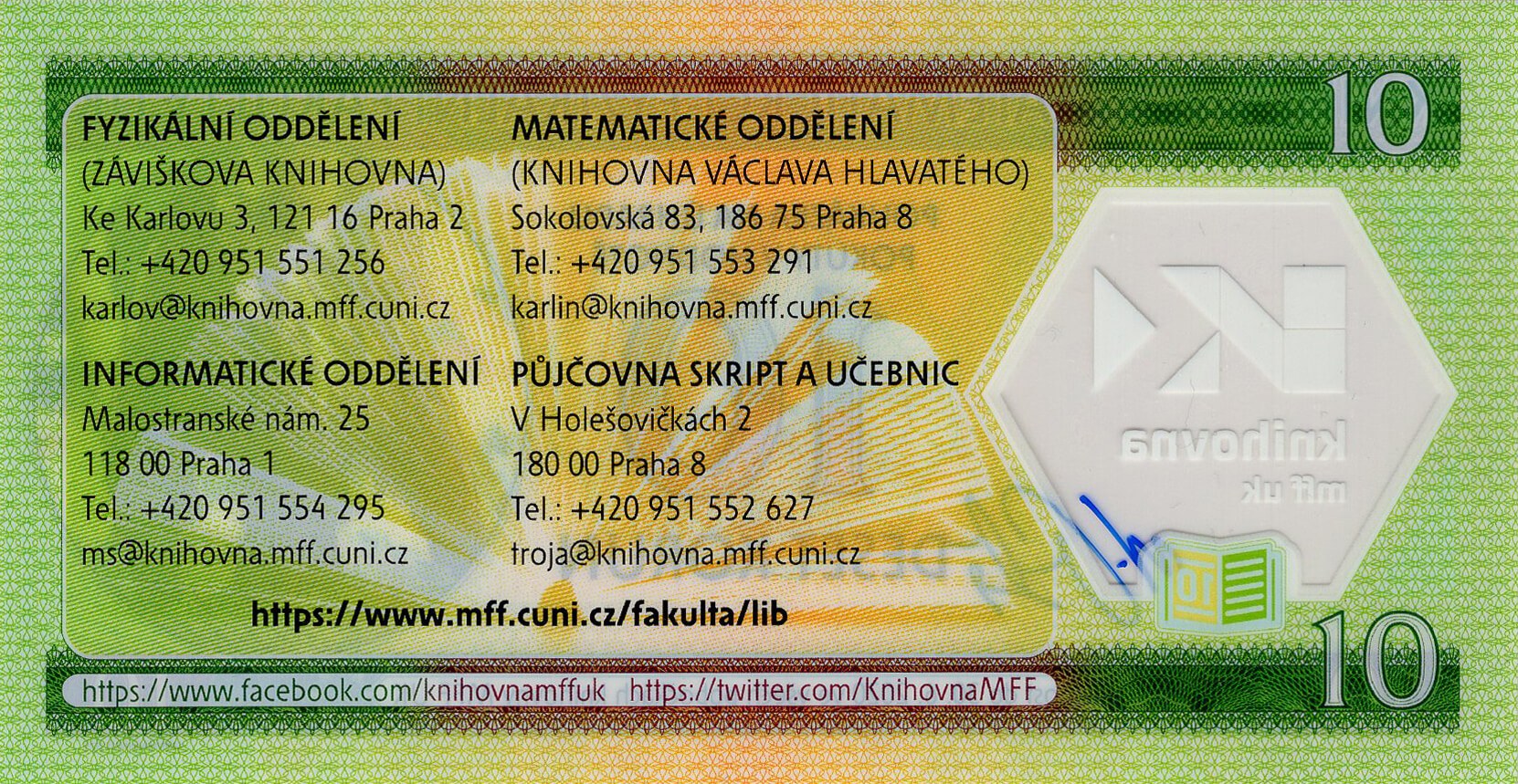 10 korun knihovna MFF UK 2019 - zadní strana