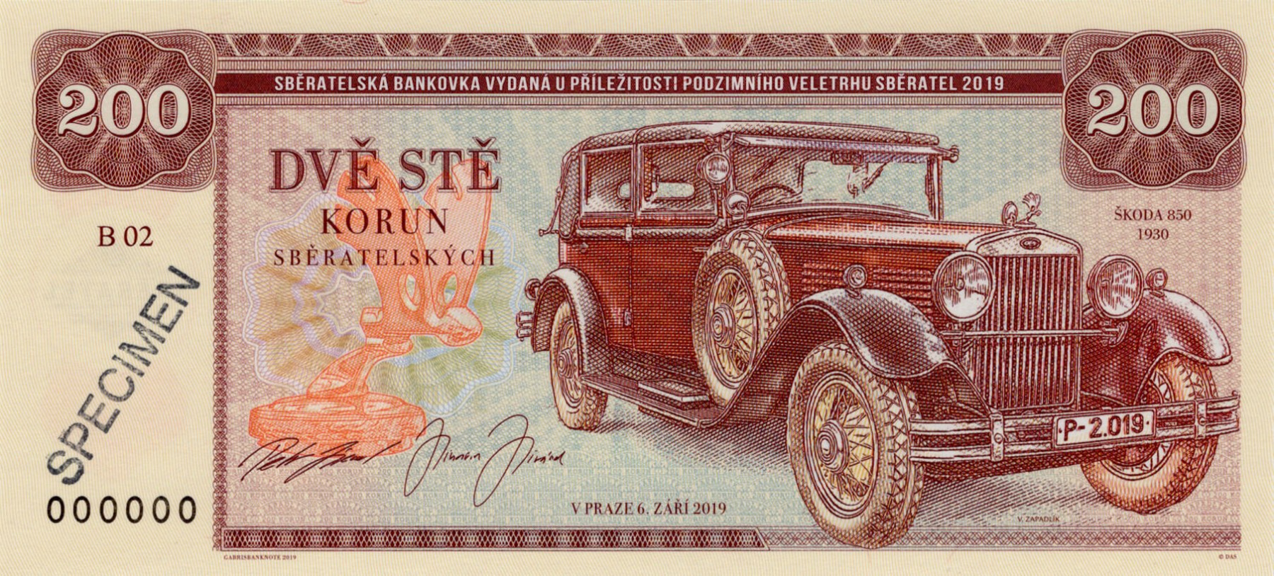 200 korun Zapadlík Škoda 850 - přední strana
