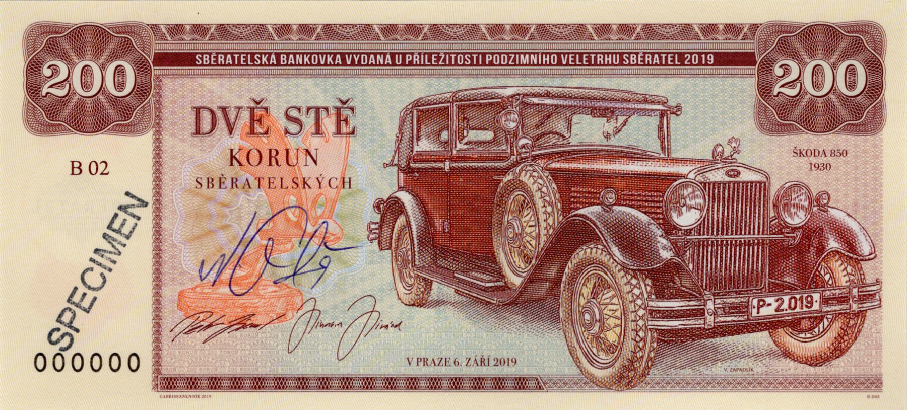 200 korun Zapadlík Škoda 850 - přední strana
