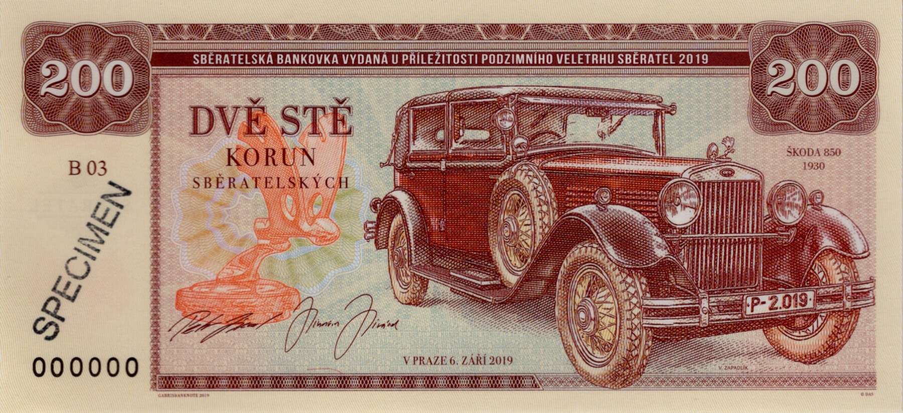 200 korun Zapadlík Škoda 850 - přední strana