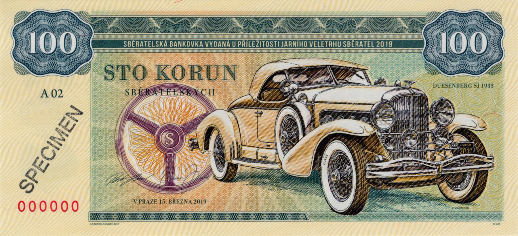 100 korun Zapadlík Duesenberg 1933 - přední strana