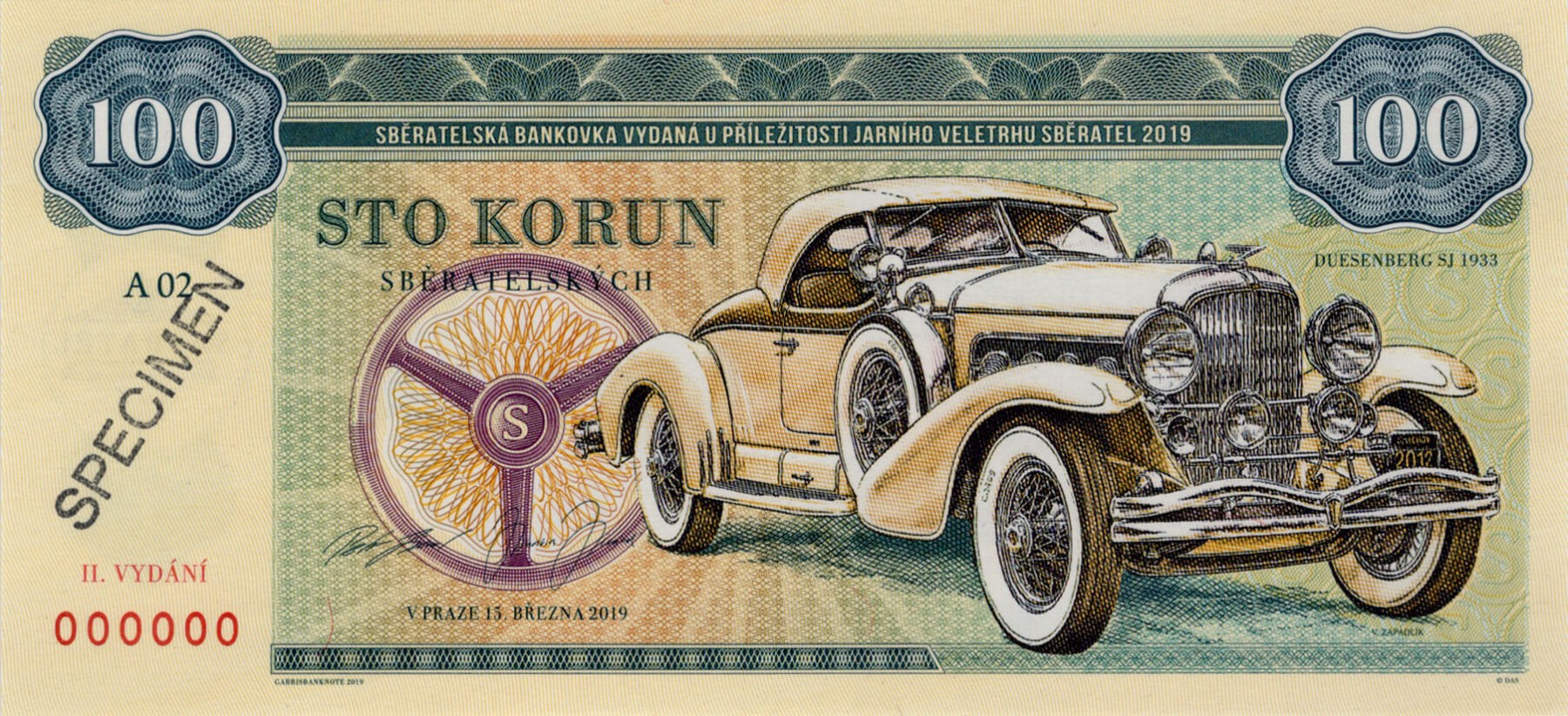 100 korun Zapadlík Duesenberg 1933 - přední strana