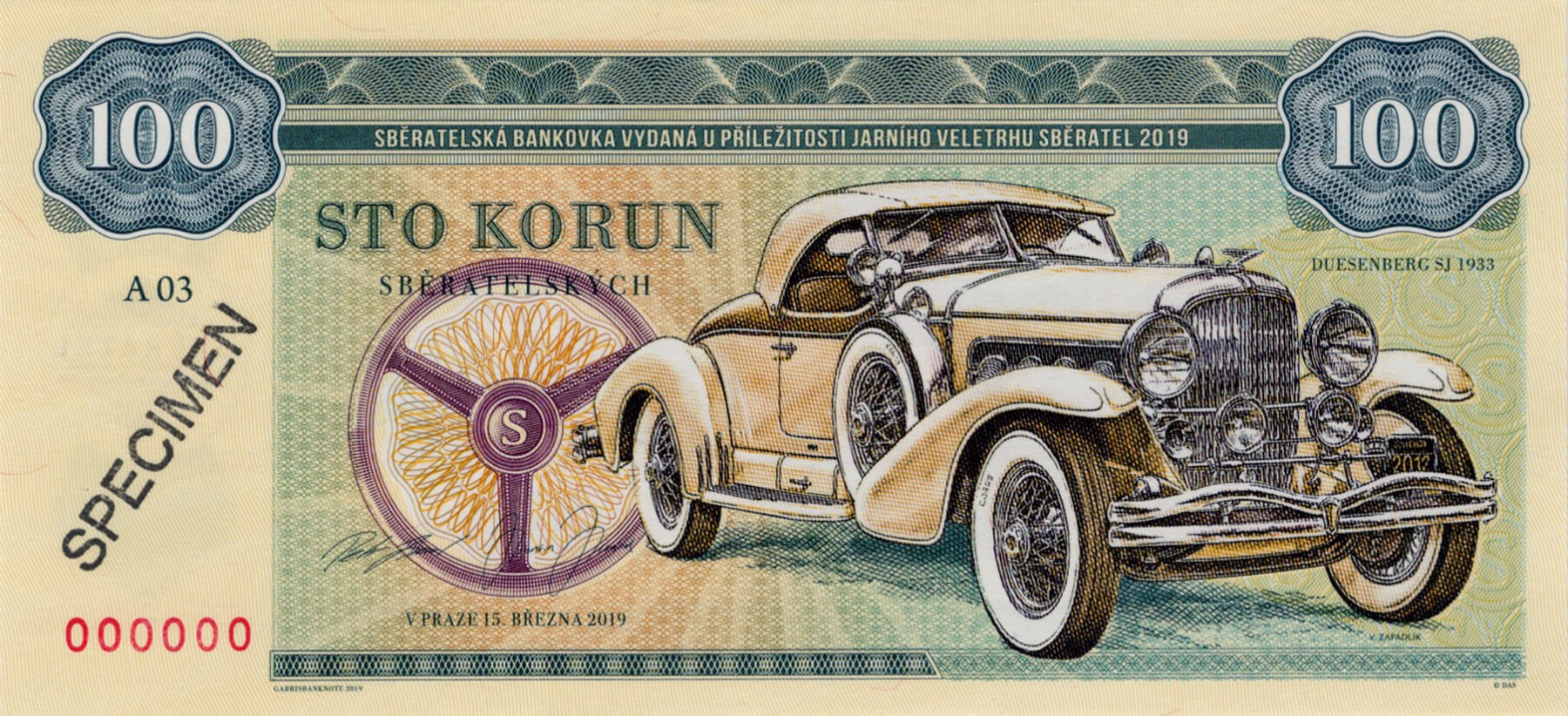 100 korun Zapadlík Duesenberg 1933 - přední strana