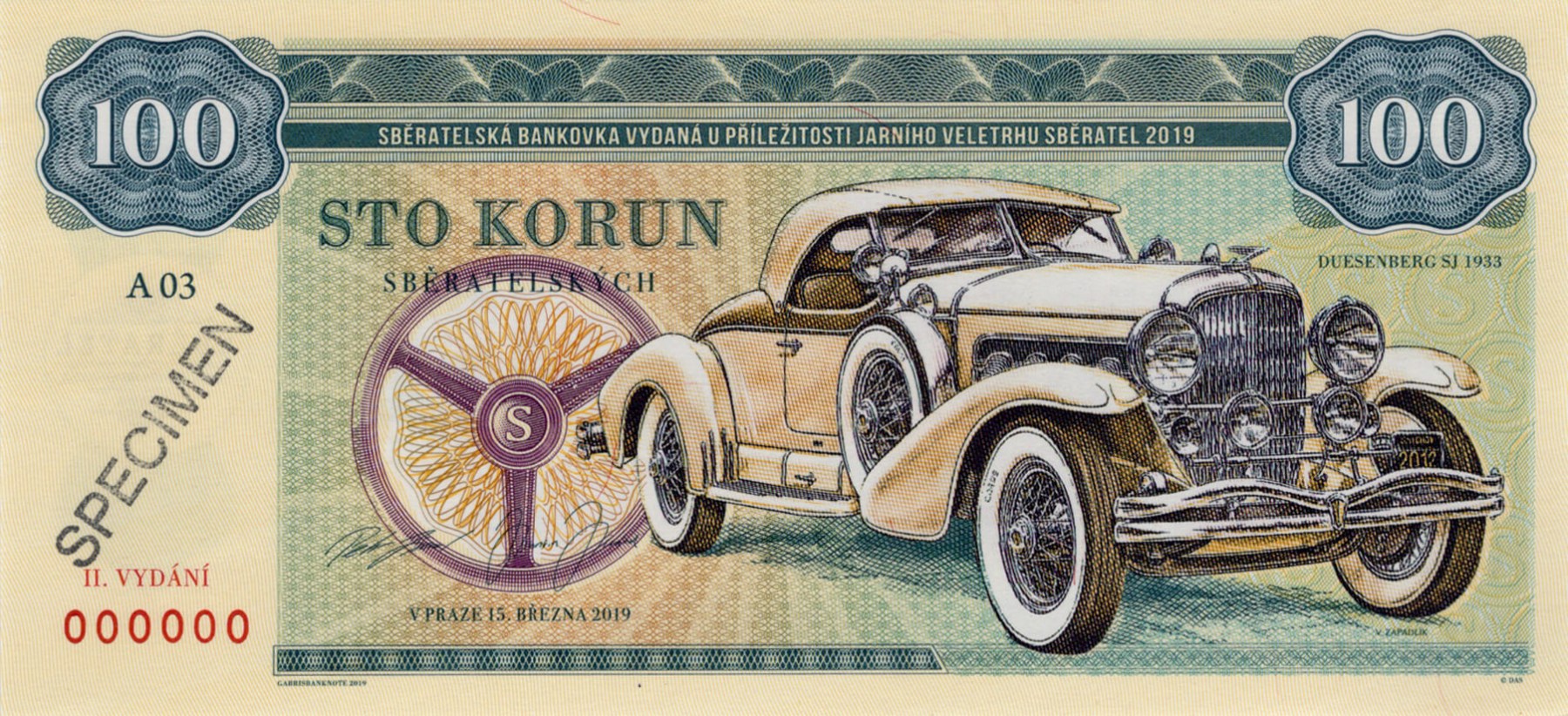 100 korun Zapadlík Duesenberg 1933 - přední strana
