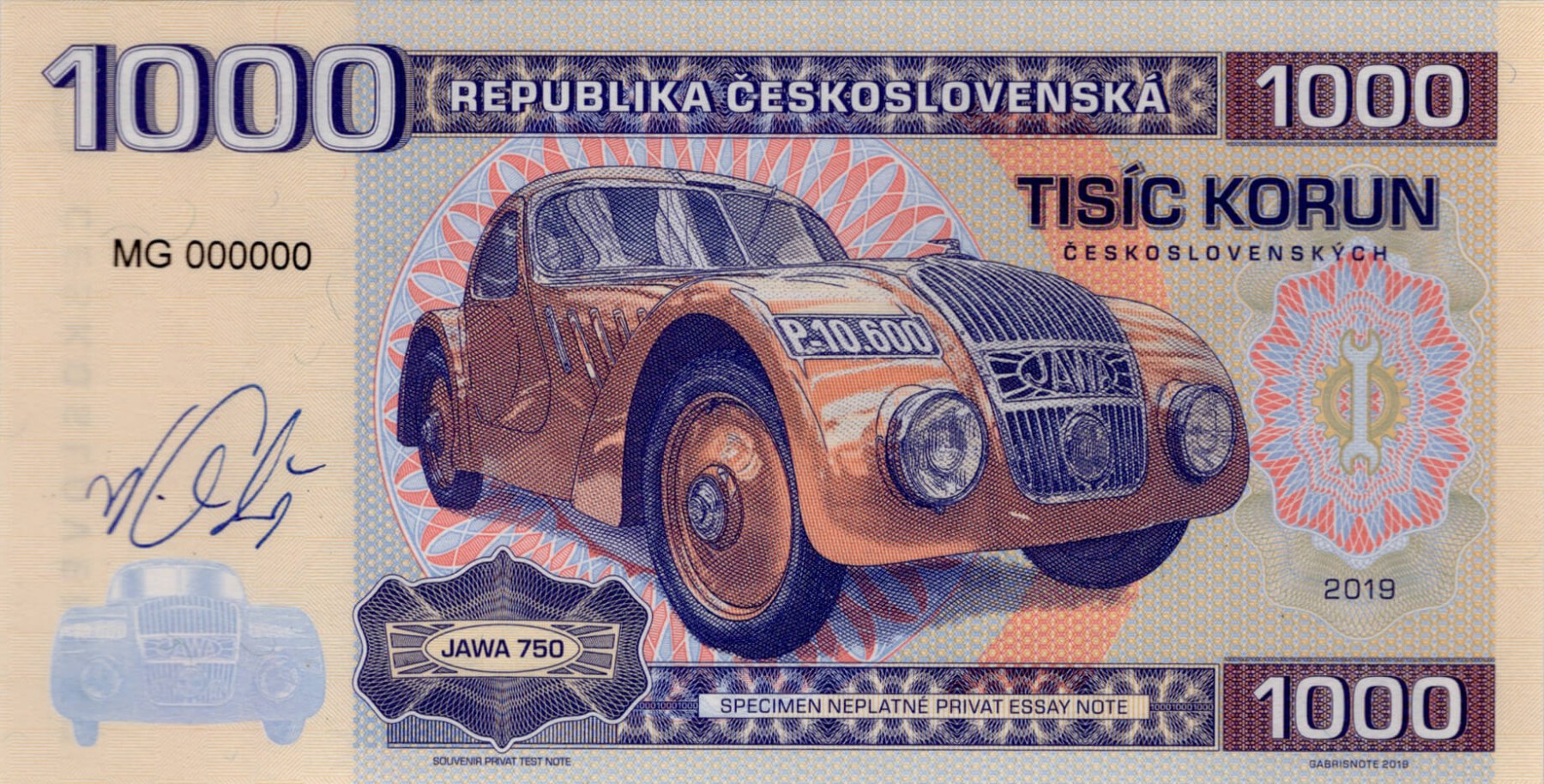 1000 korun Československých JAWA - přední strana