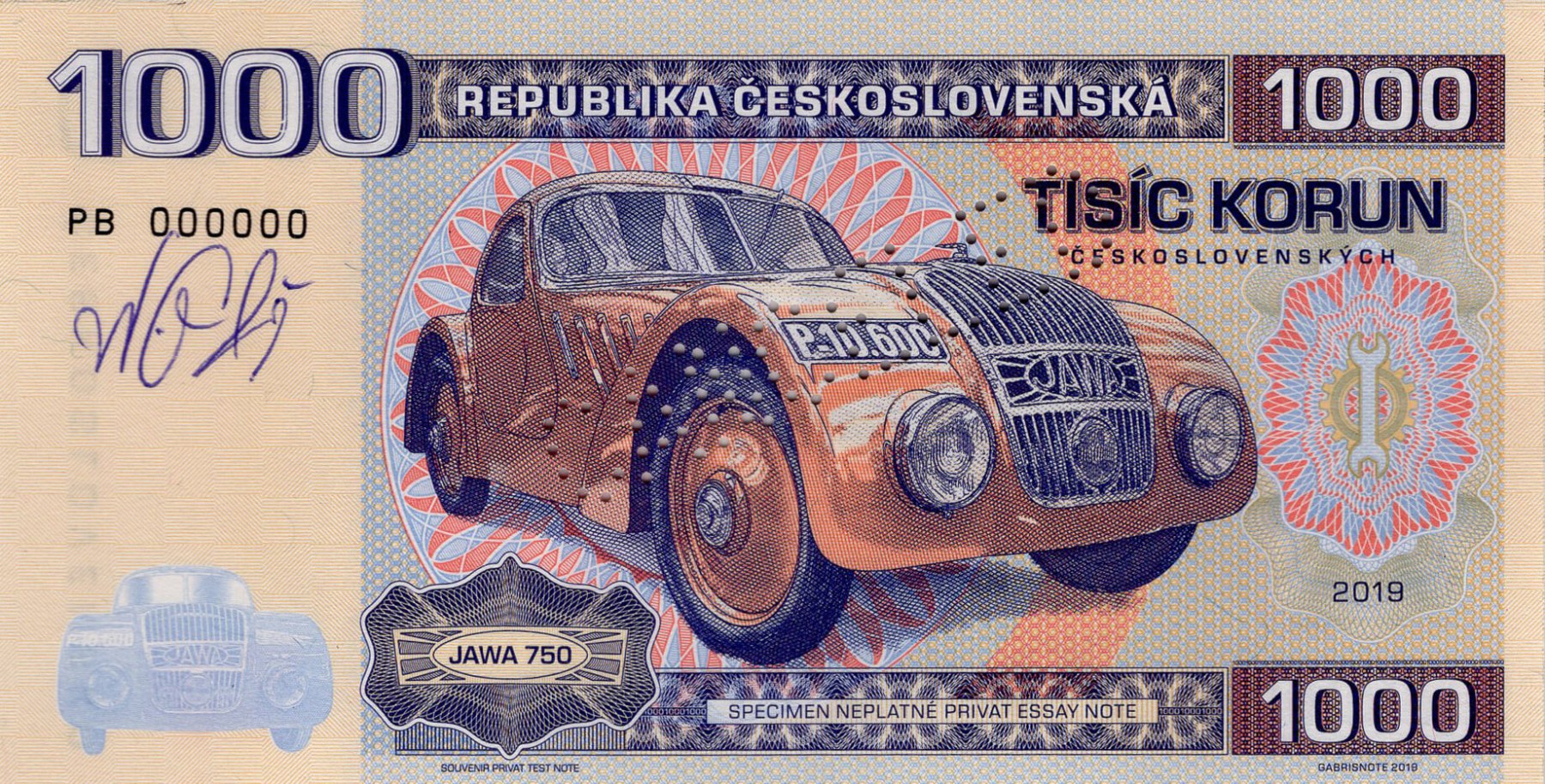 1000 korun Československých JAWA - přední strana
