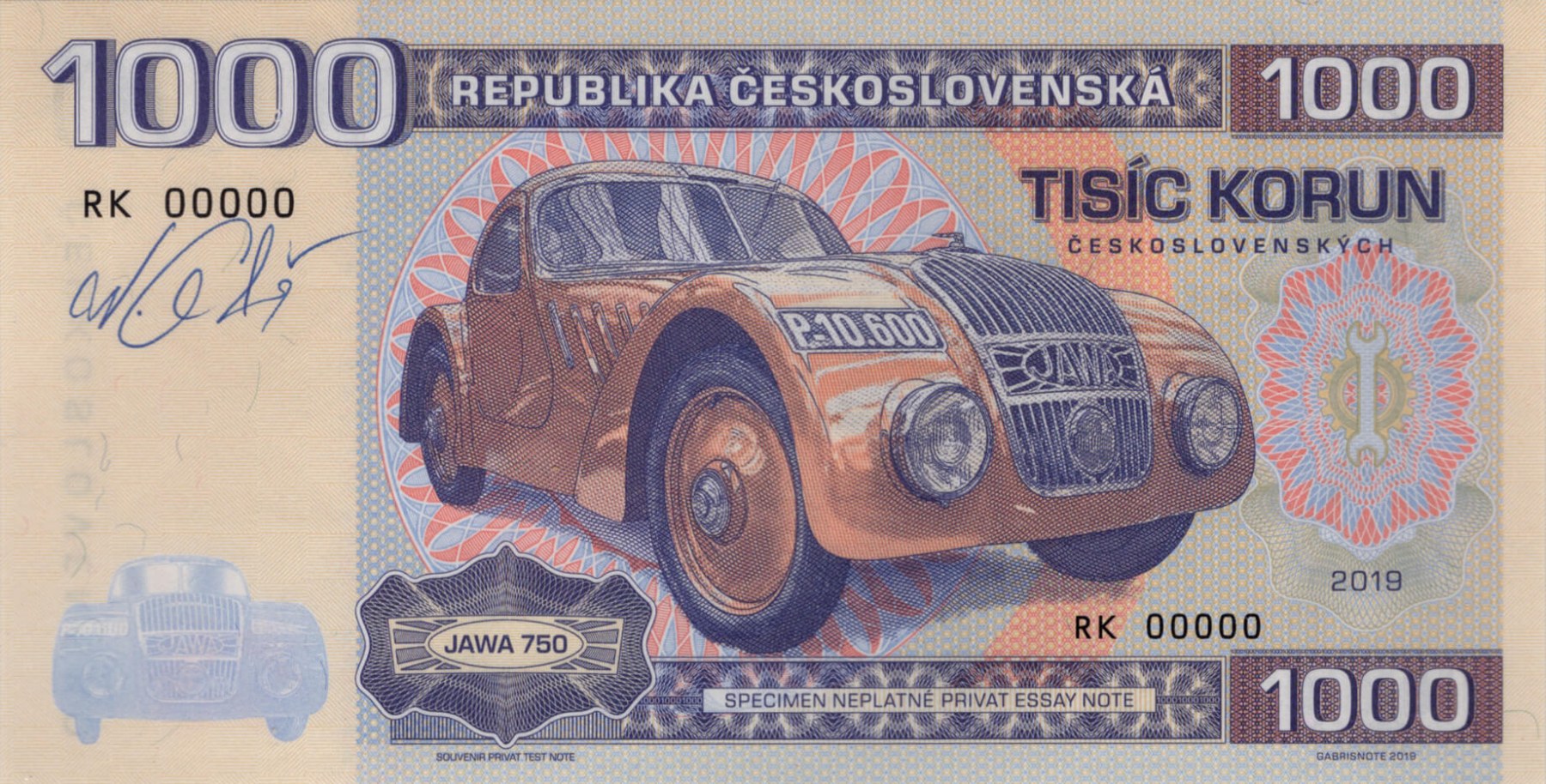 1000 korun Československých JAWA - přední strana