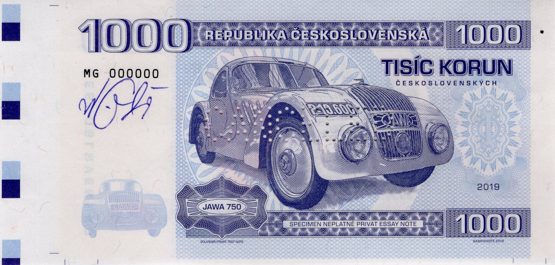 1000 korun Československých JAWA - přední strana
