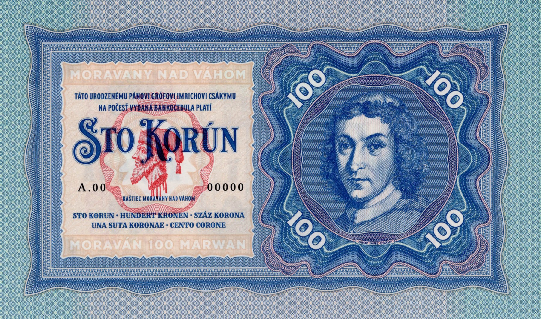 100 korún Moravany - přední strana