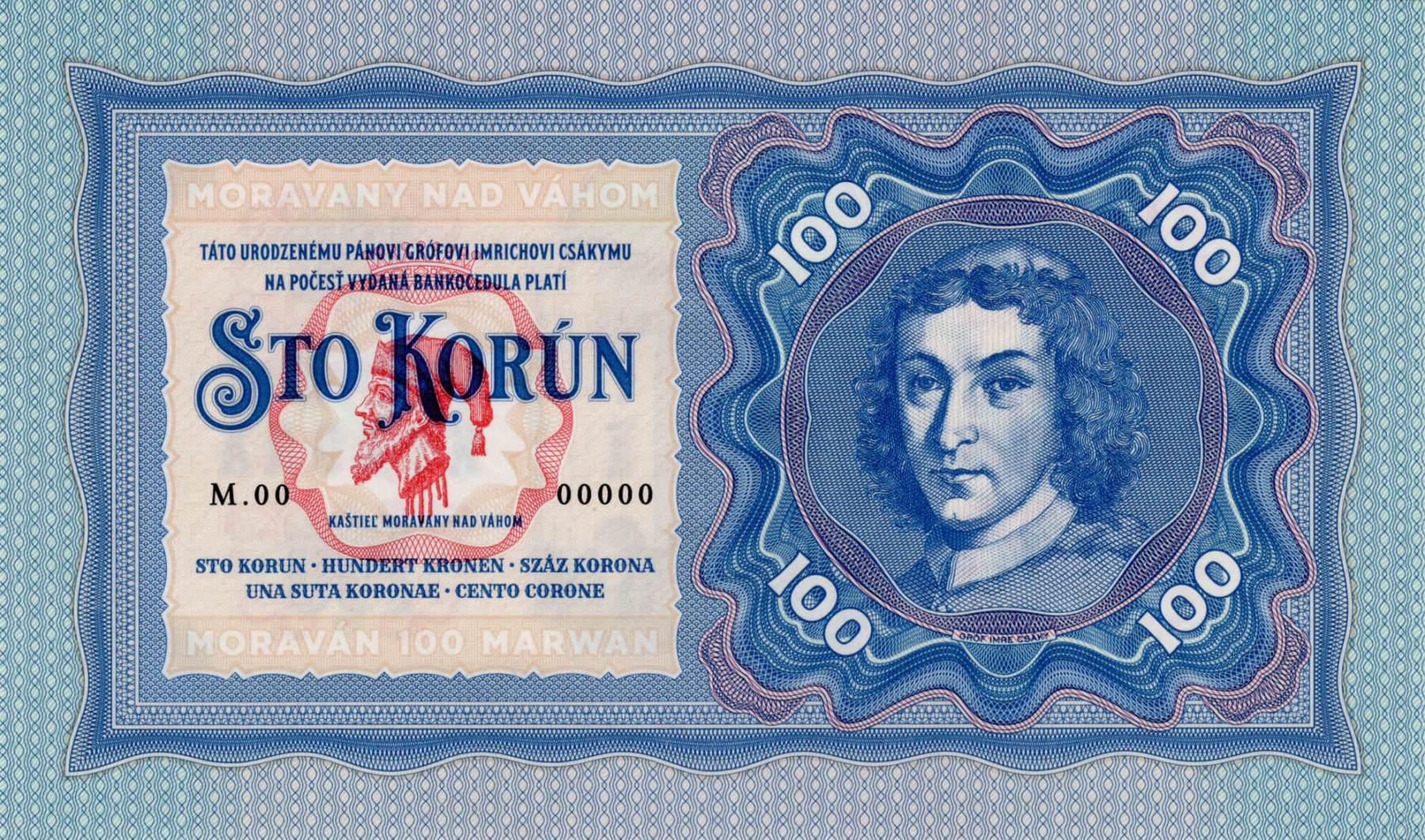 100 korún Moravany - přední strana