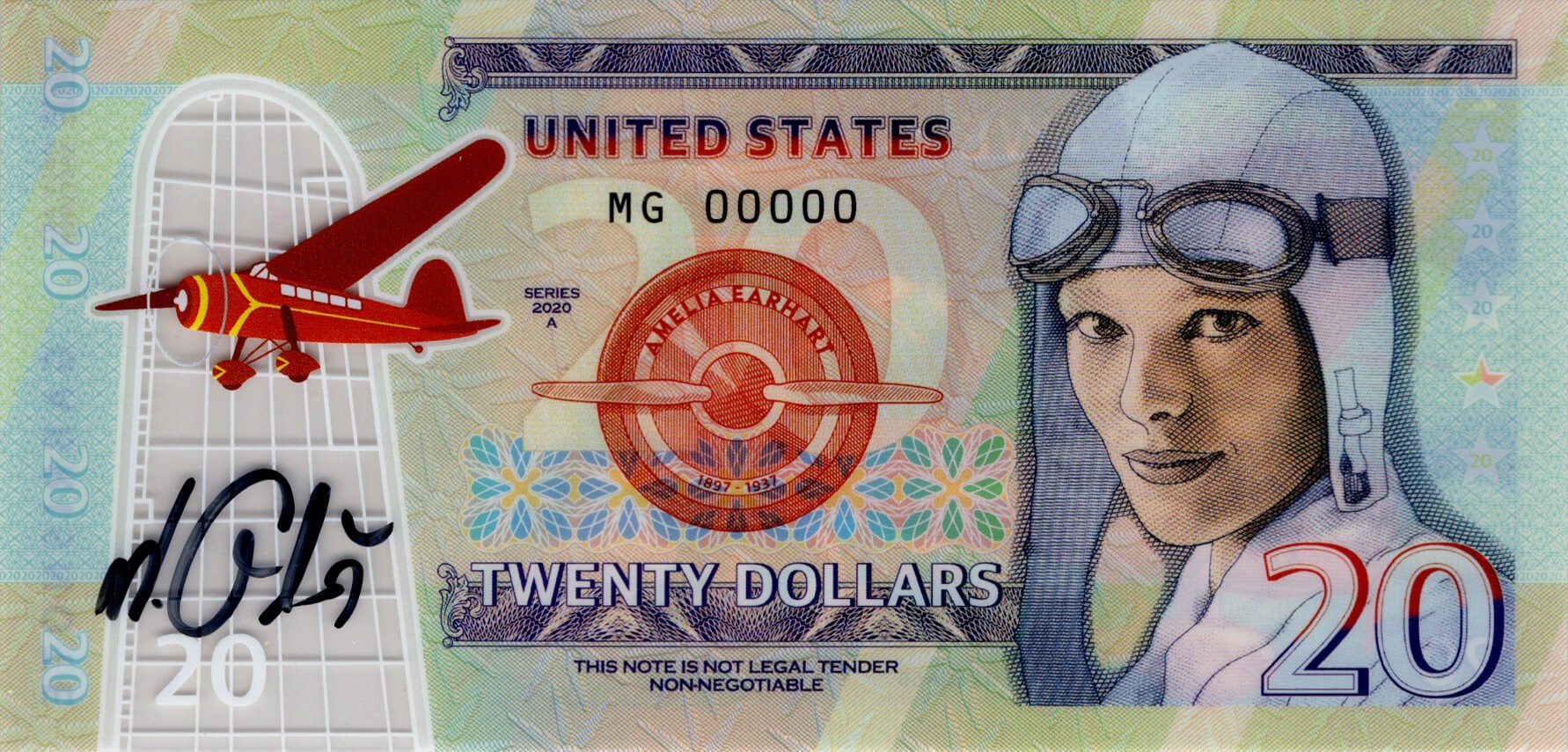 20 dollars Amelia Earhart - přední strana