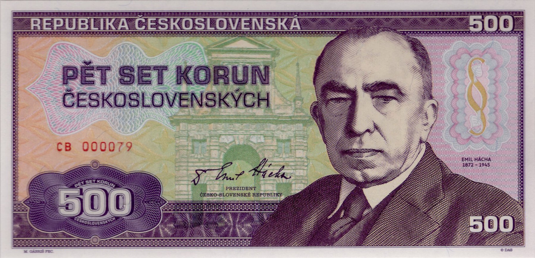 500 korun Emil Hácha - přední strana
