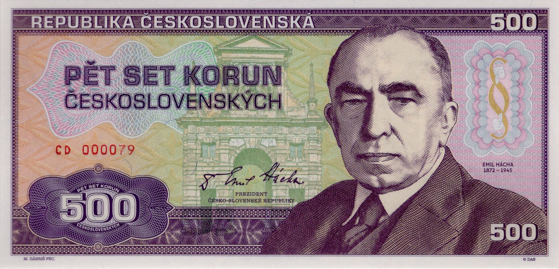 500 korun Emil Hácha - přední strana