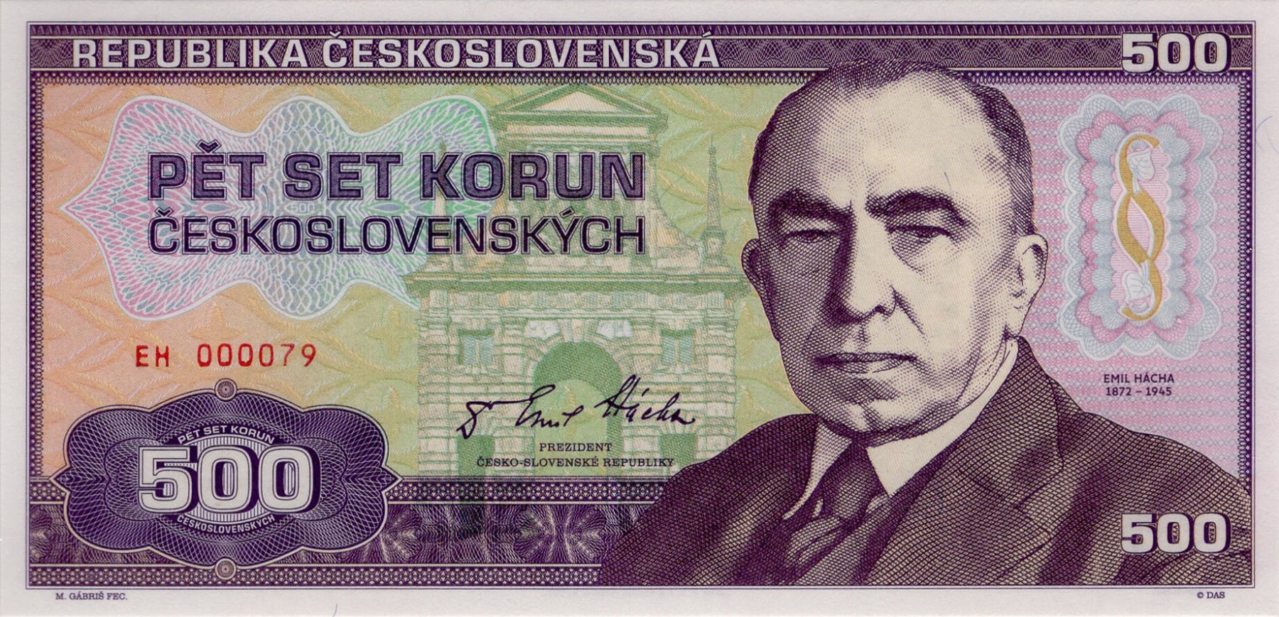 500 korun Emil Hácha - přední strana