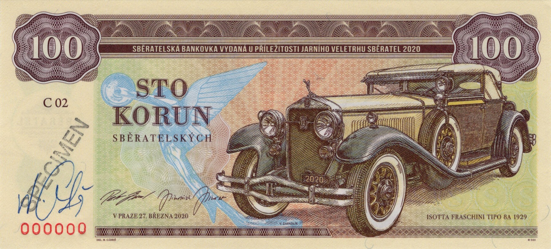 100 korun Zapadlík Isotta Fraschini Tipo 8A - přední strana