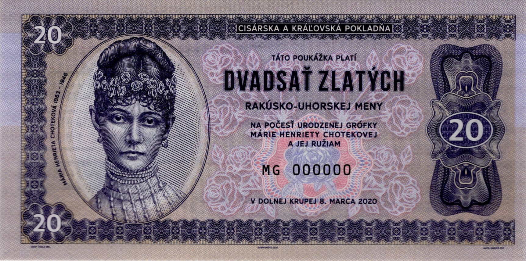 20 zlatých Choteková - přední strana