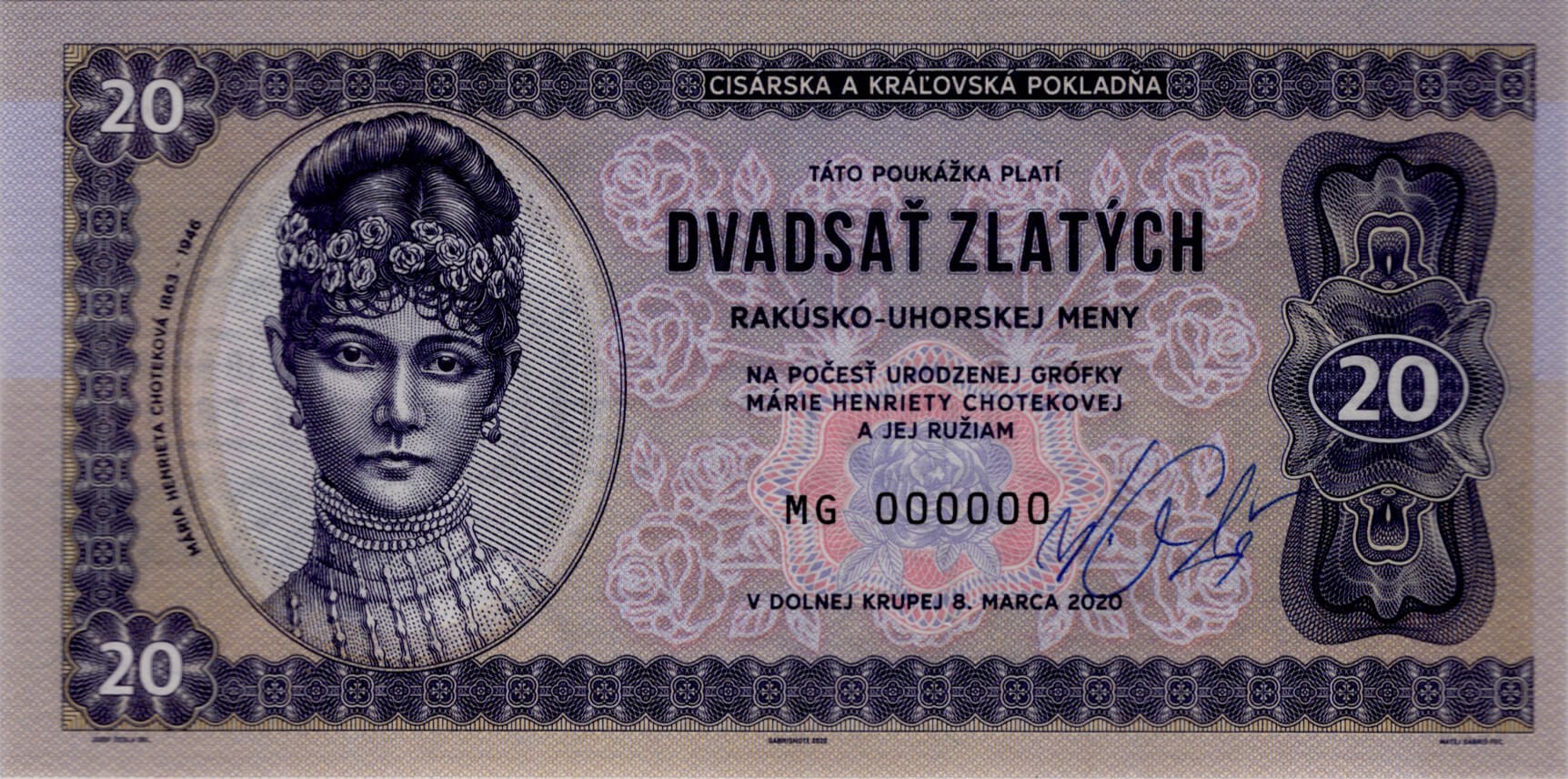 20 zlatých Choteková - přední strana