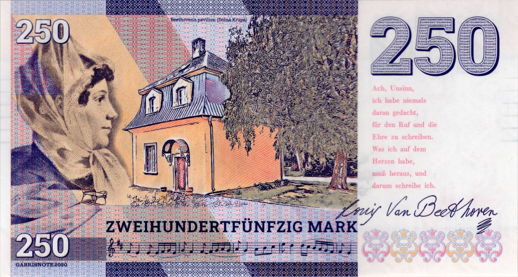 250 mark, Ludvik van Beethoven, fialová verze - zadní strana