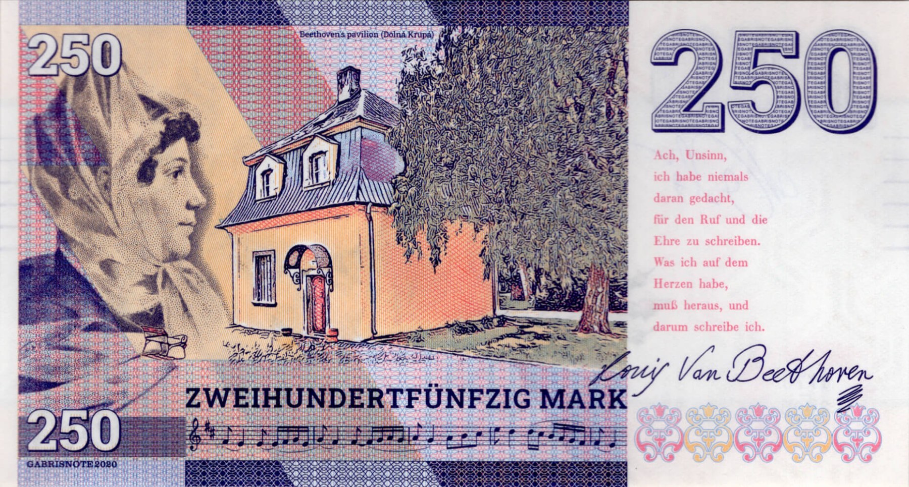 250 mark, Ludvik van Beethoven, fialová verze - zadní strana