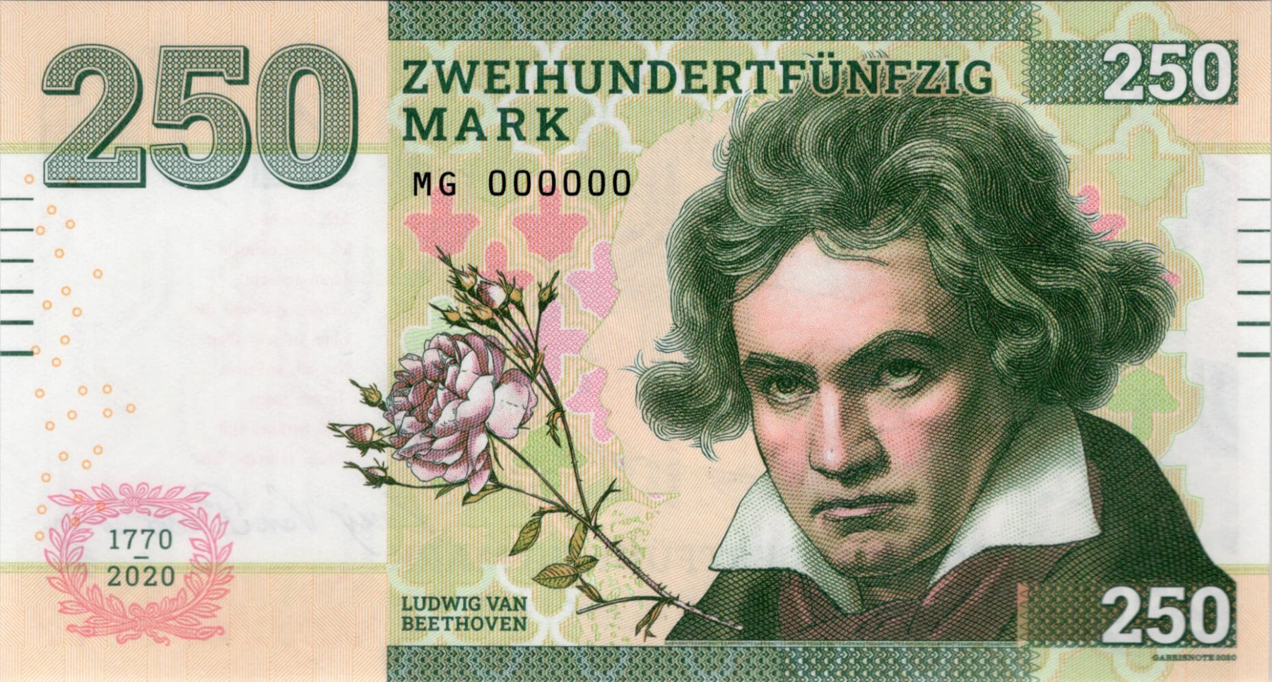 250 mark, Ludvik van Beethoven, zelená verze - přední strana