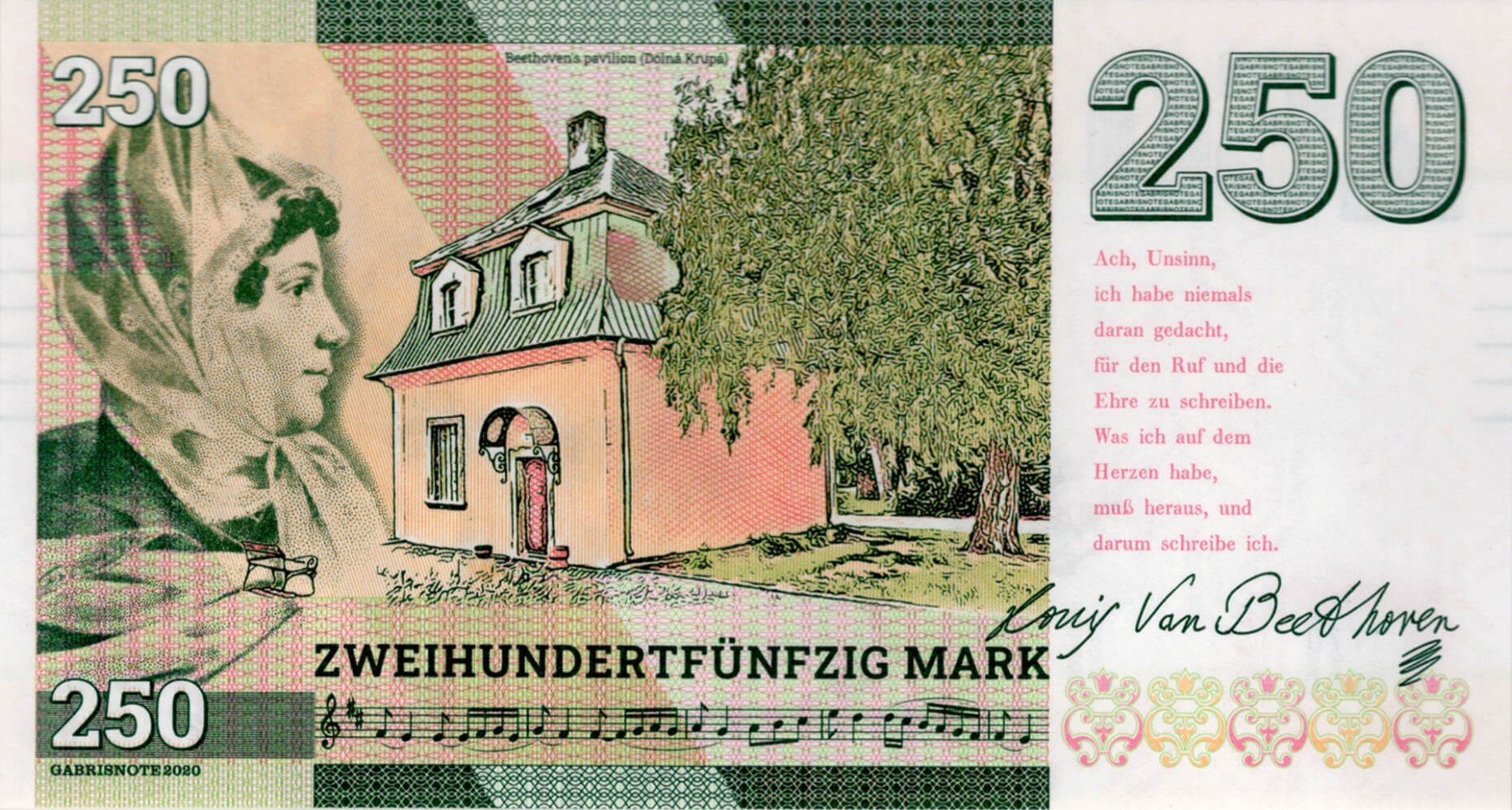 250 mark, Ludvik van Beethoven, zelená verze - zadní strana