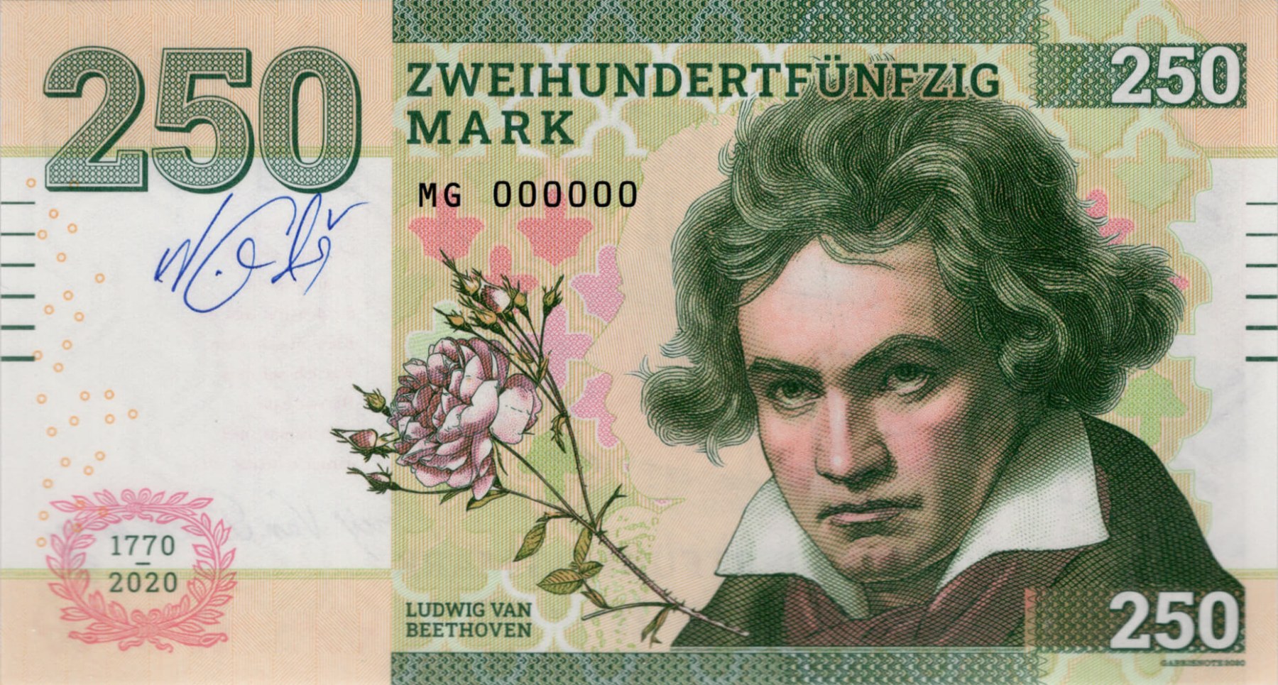 250 mark, Ludvik van Beethoven, zelená verze - přední strana