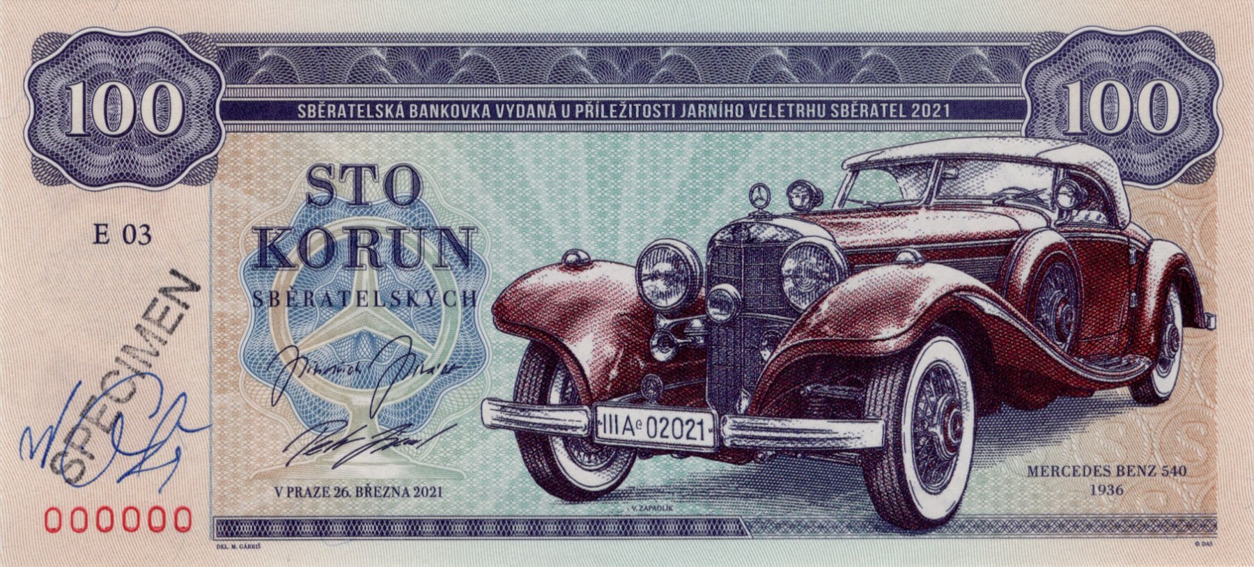 100 korun Zapadlík Mercedes-Benz 540 - přední strana
