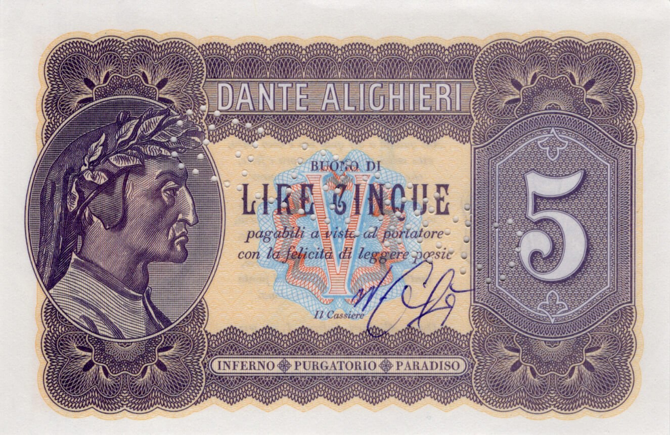 5 lire Dante Alighieri - přední strana