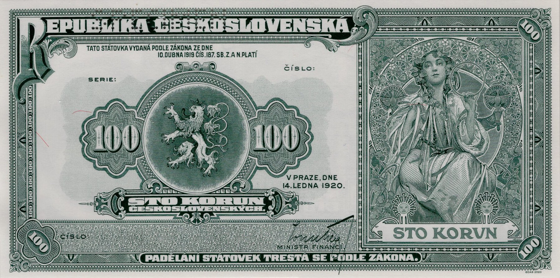 100 Kčs Mucha 1920 Facsimile - přední strana