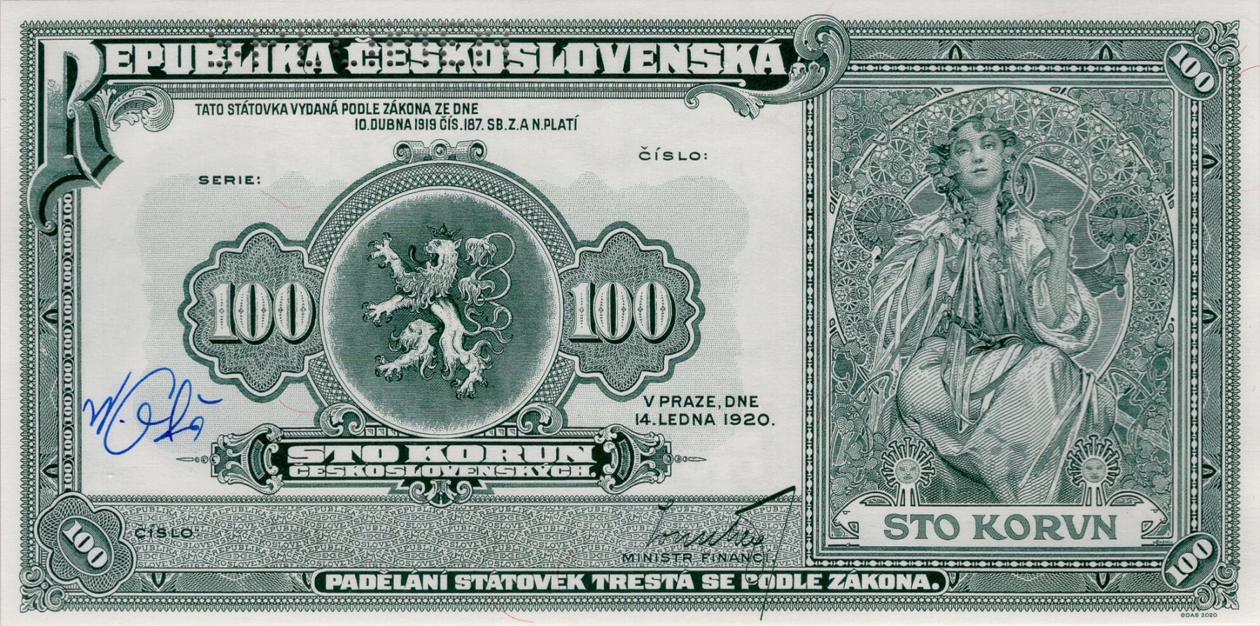100 Kčs Mucha 1920 Facsimile - přední strana