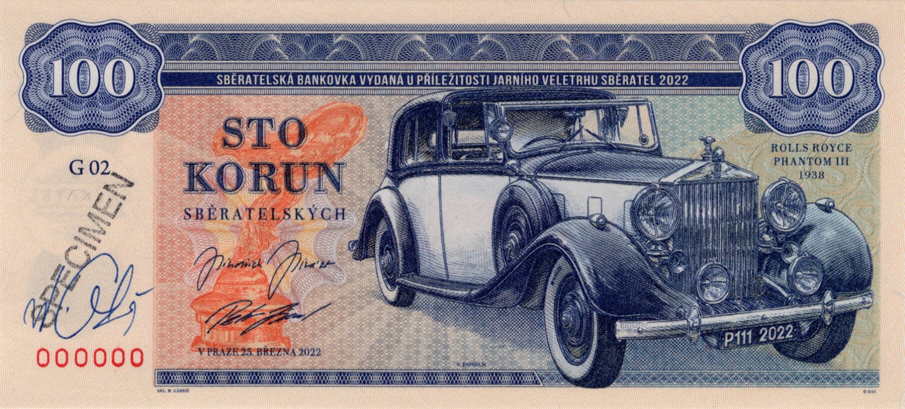 100 korun Zapadlík Rolls Royce Phantom III - přední strana