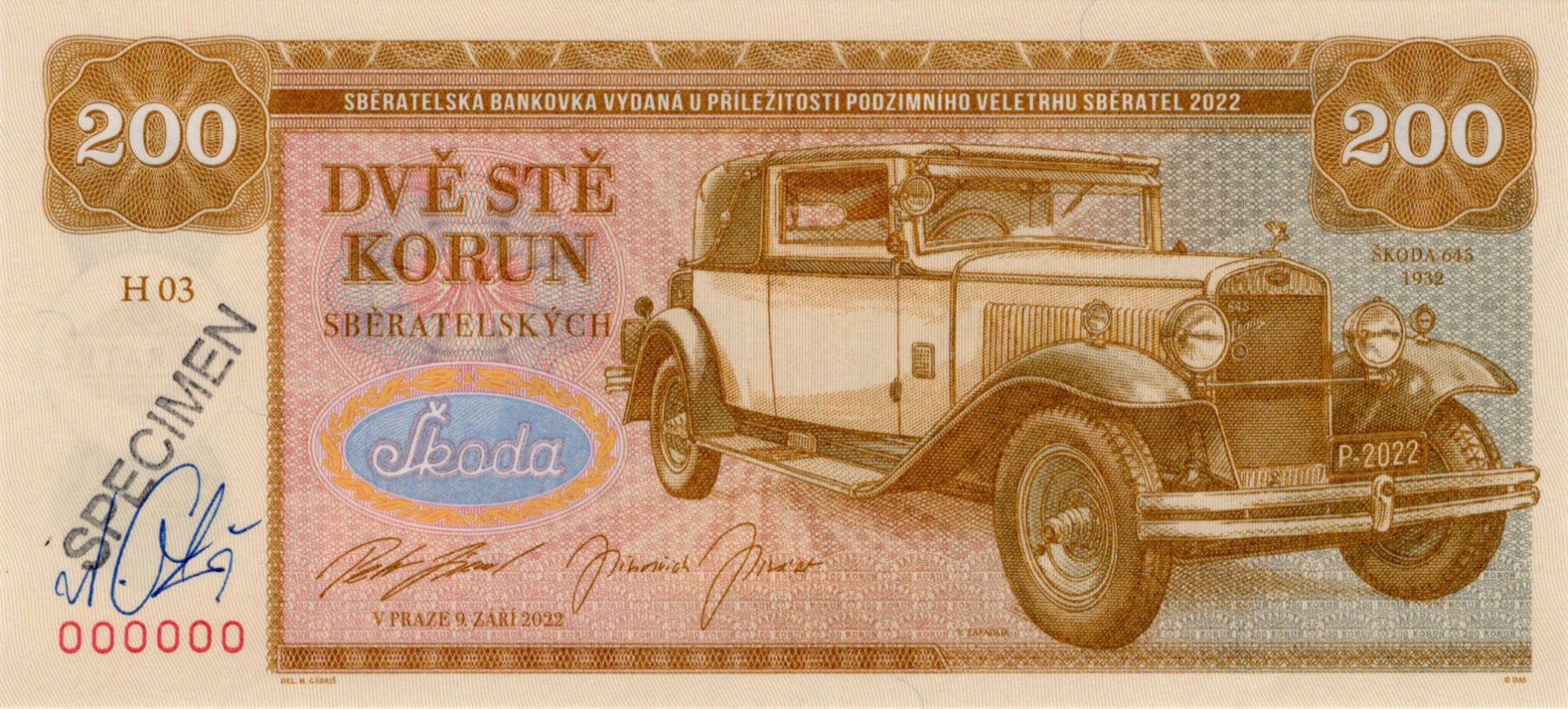 200 Korun Zapadlík Škoda 645 - přední strana