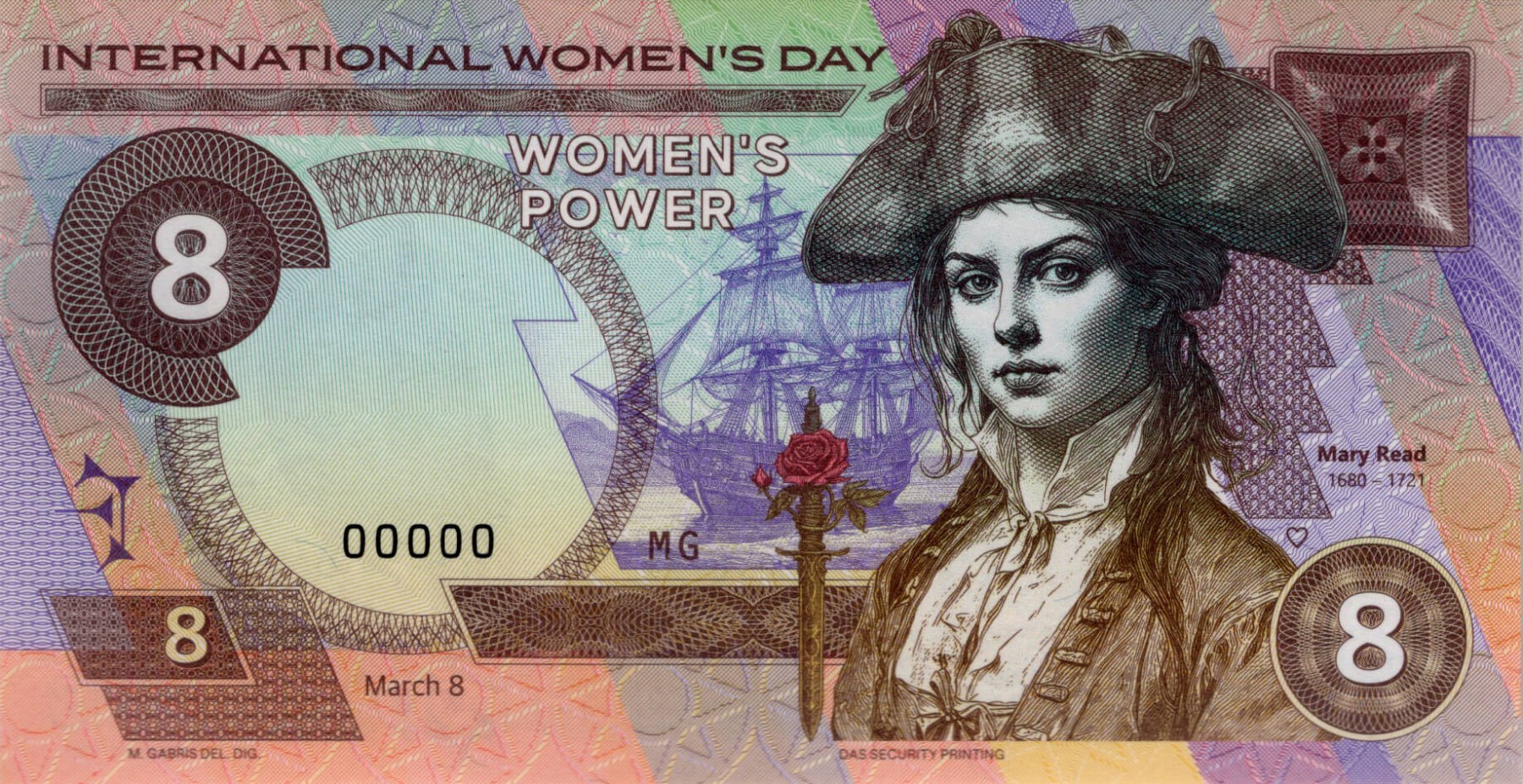 8 Doubloons pirátka Mary Read - přední strana