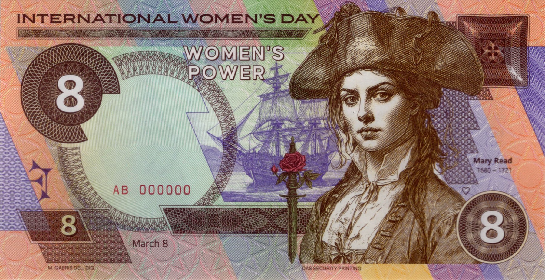 8 Doubloons pirátka Mary Read - přední strana