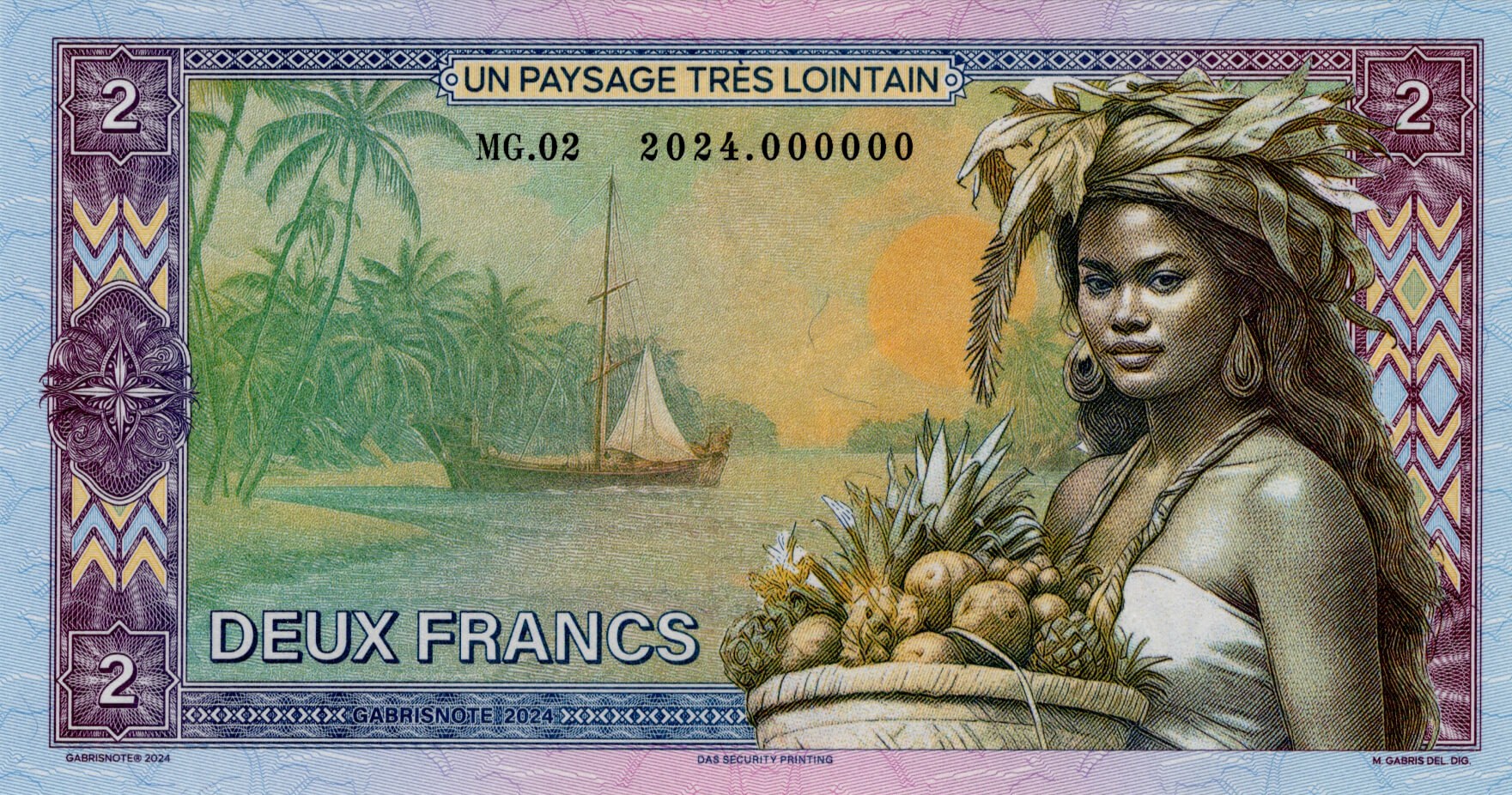 2 francs Tahiti verze B - přední strana