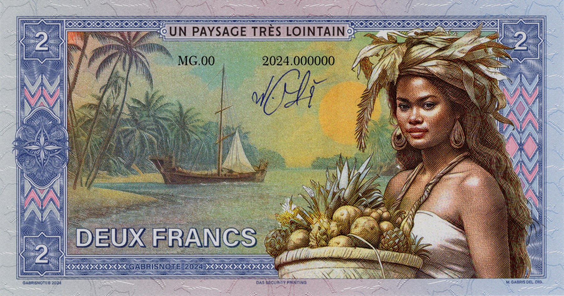 2 francs Tahiti verze A - přední strana