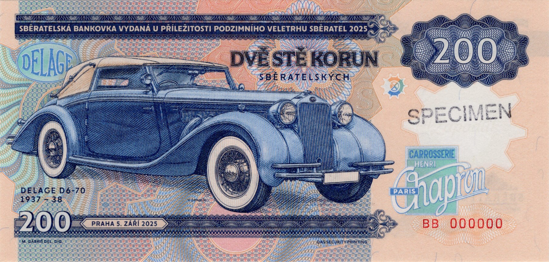 200 korun Zapadlík Delage D6 - 70 1937 - 38 - přední strana