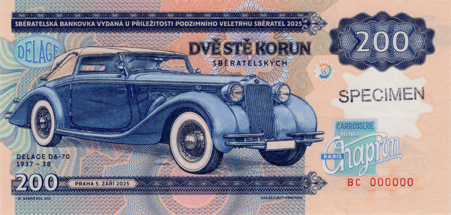 200 korun Zapadlík Delage D6 - 70 1937 - 38 - přední strana