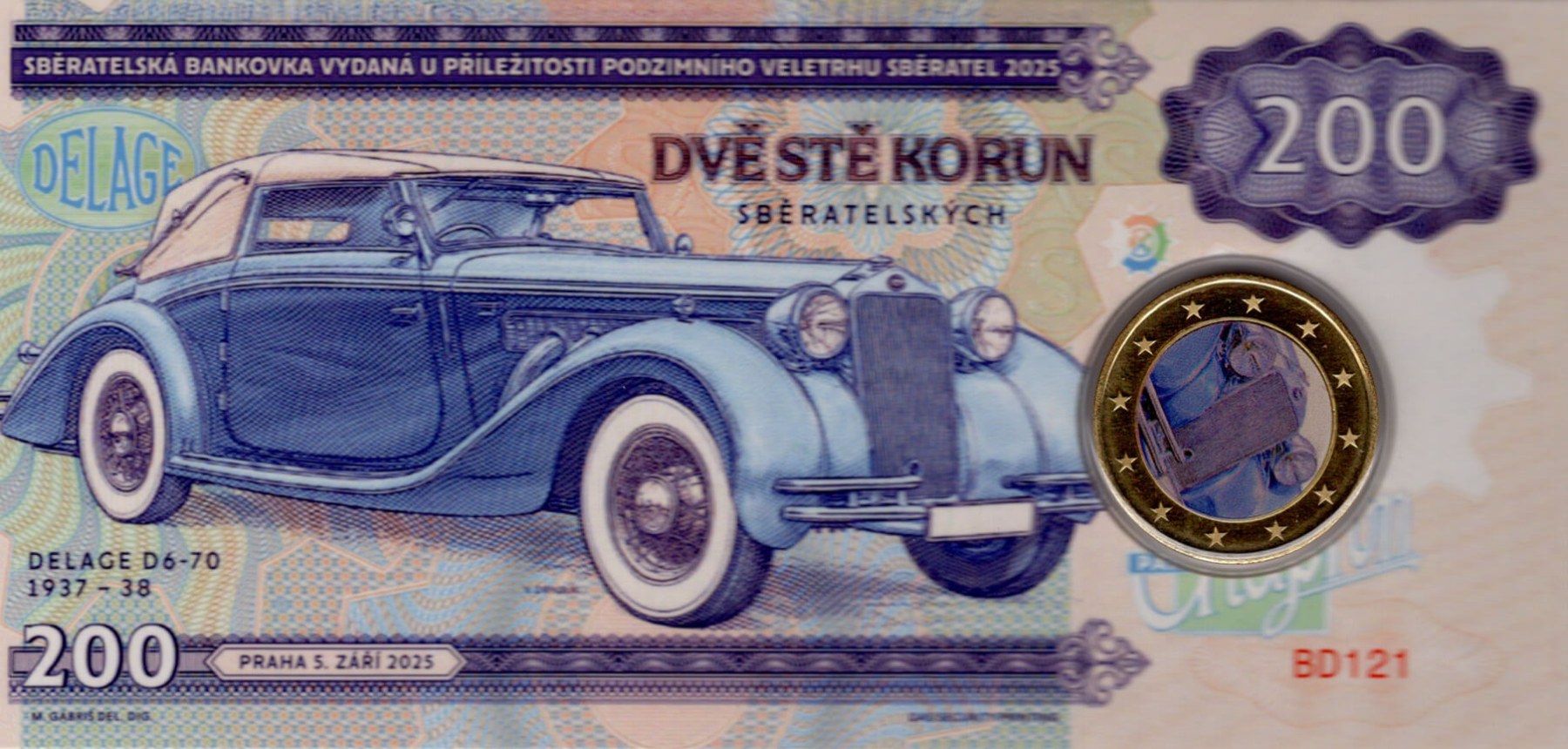 200 korun Zapadlík Delage D6 - 70 1937 - 38 - přední strana