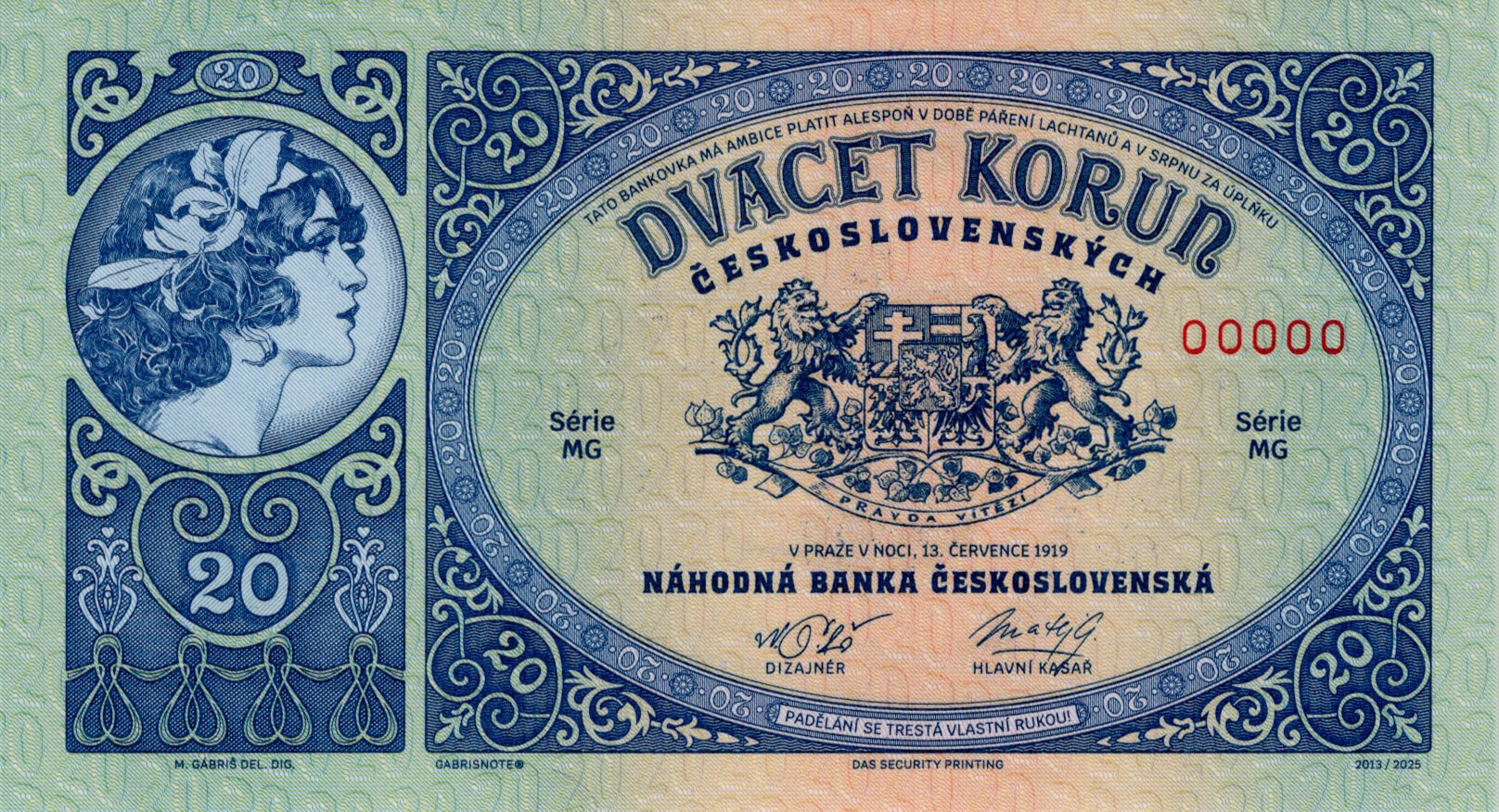 20 korun Československých 1919 - přední strana