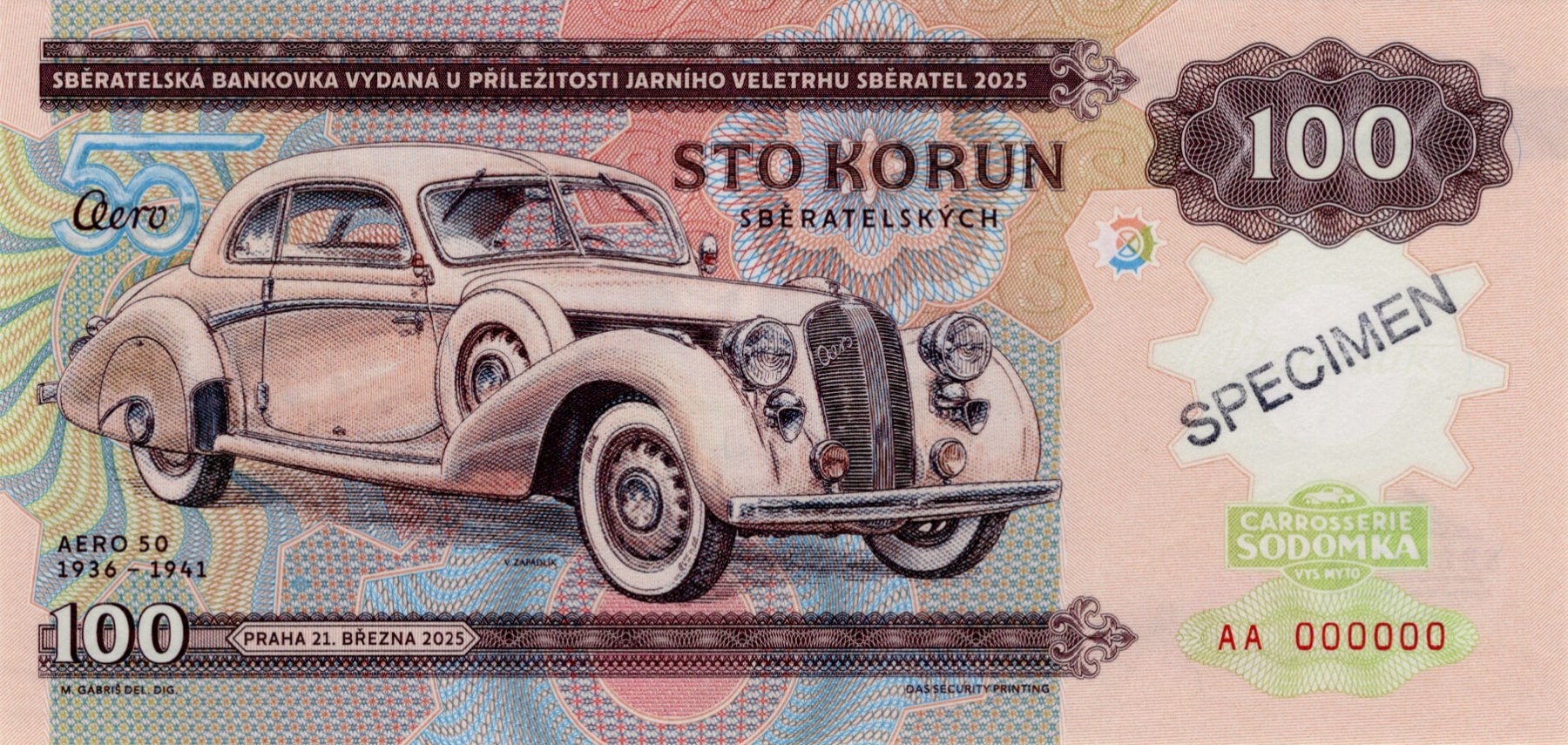 100 korun Zapadlík AERO 50 1936 - 1941 - přední strana
