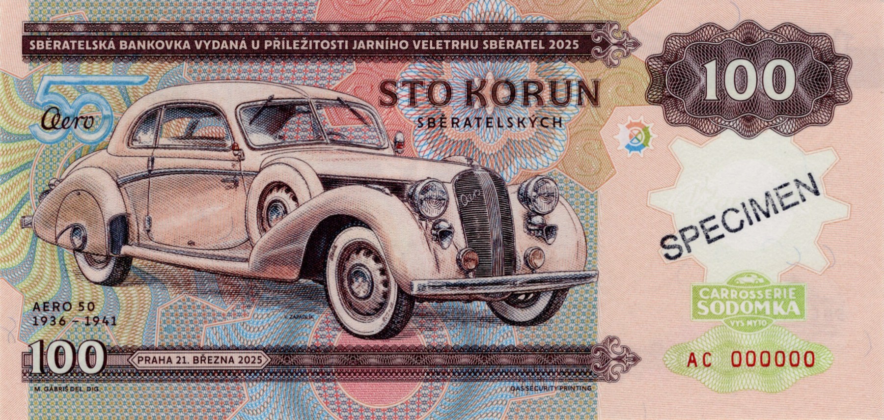 100 korun Zapadlík AERO 50 1936 - 1941 - přední strana