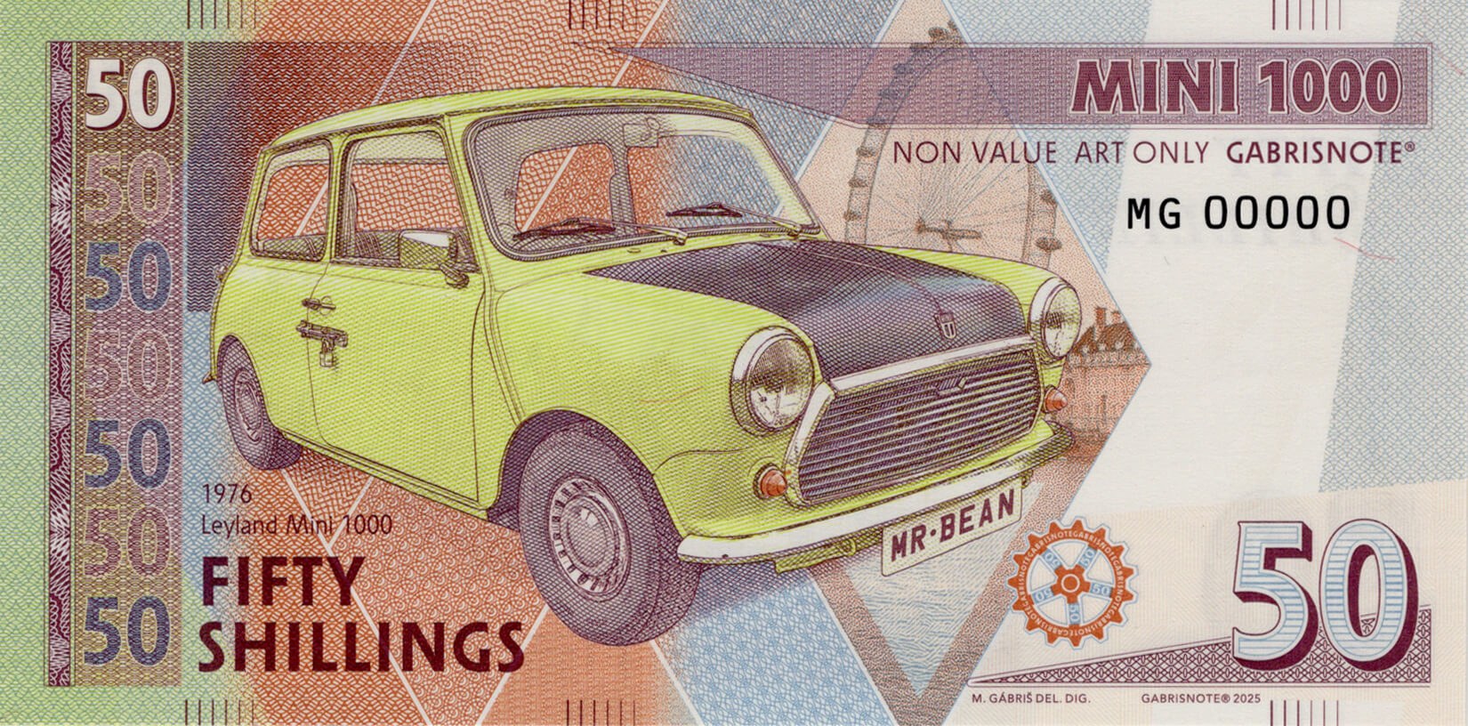 50 shillings Mini Cooper - přední strana