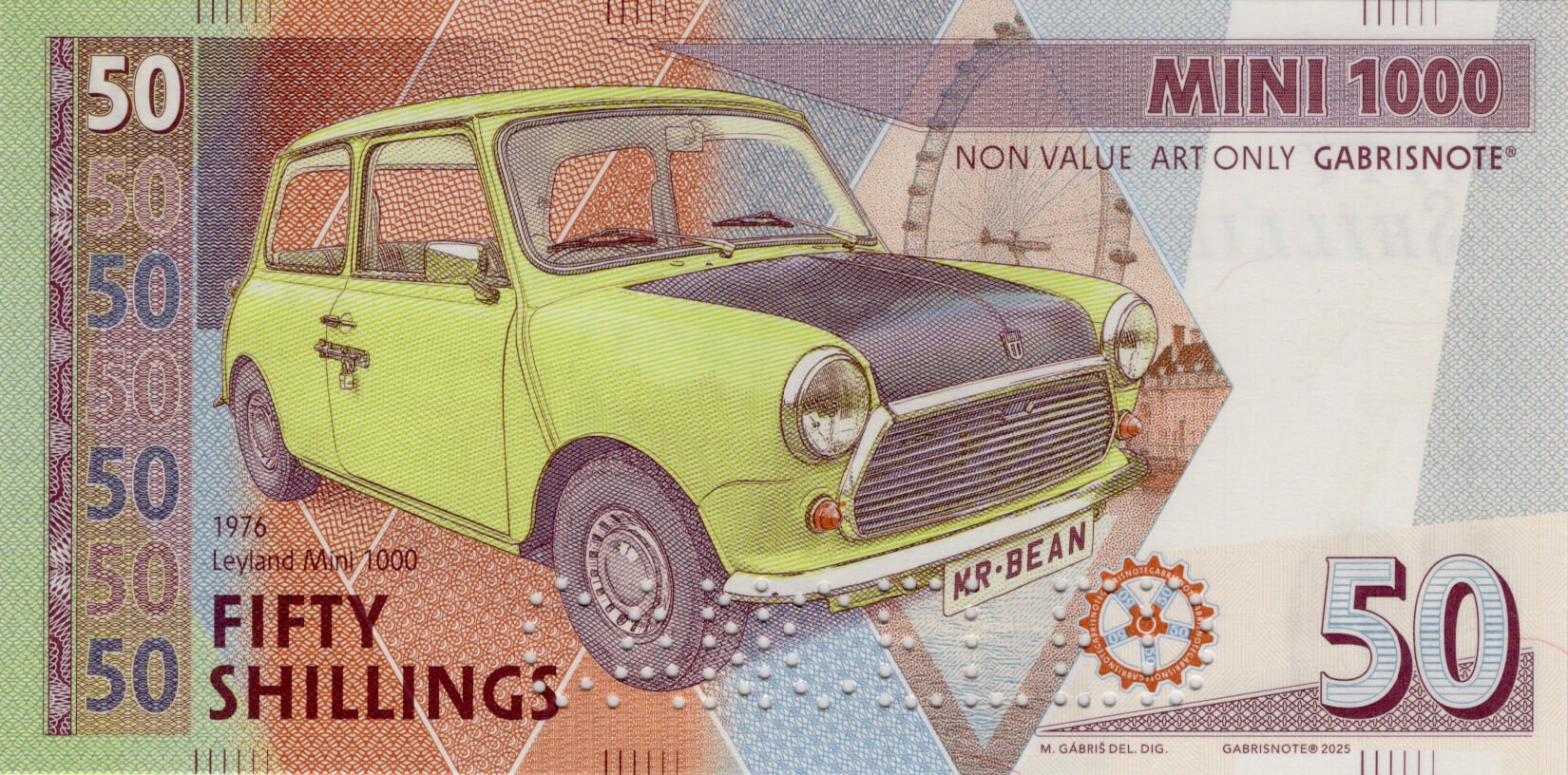 50 shillings Mini Cooper - přední strana